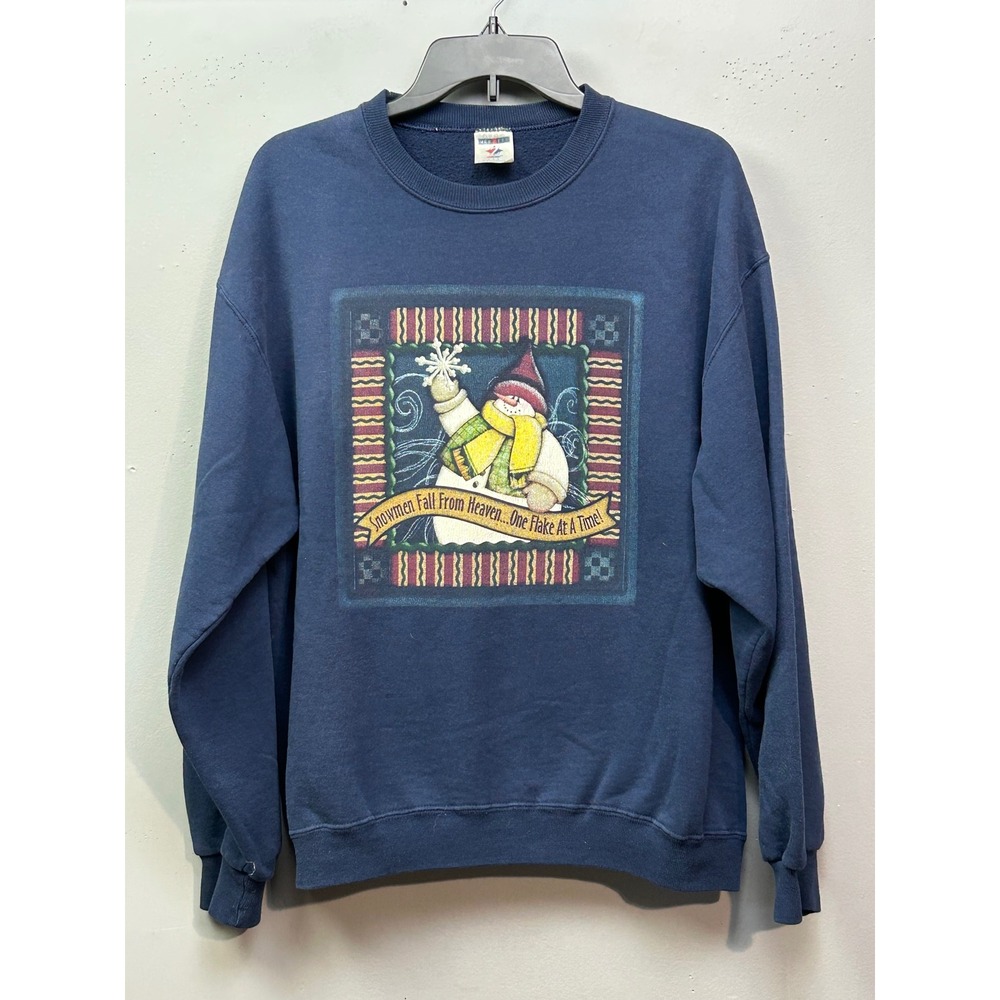 Jerzees Sweatshirt Women Large Blue Snowman Graphic Vintage Pullover Winter